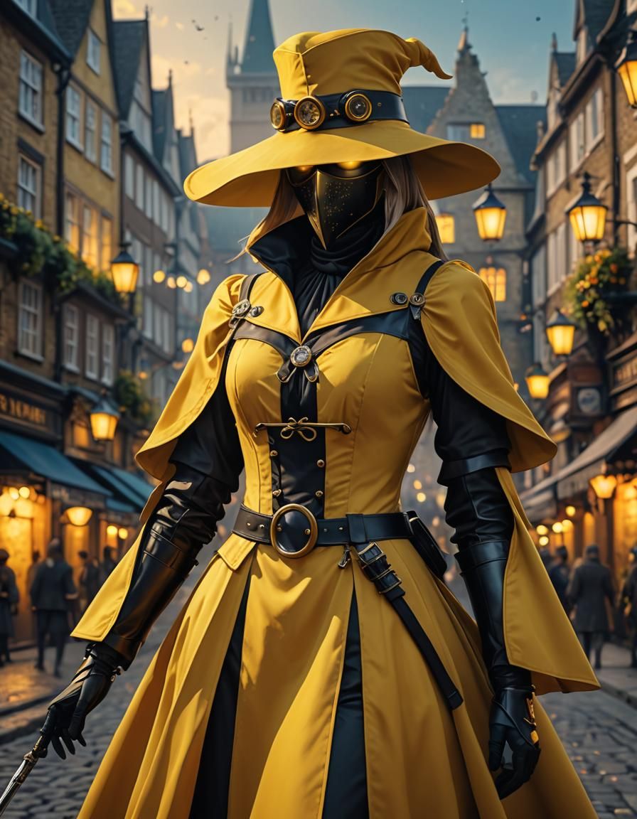 Yellow Plague Doctor in Medieval London Town