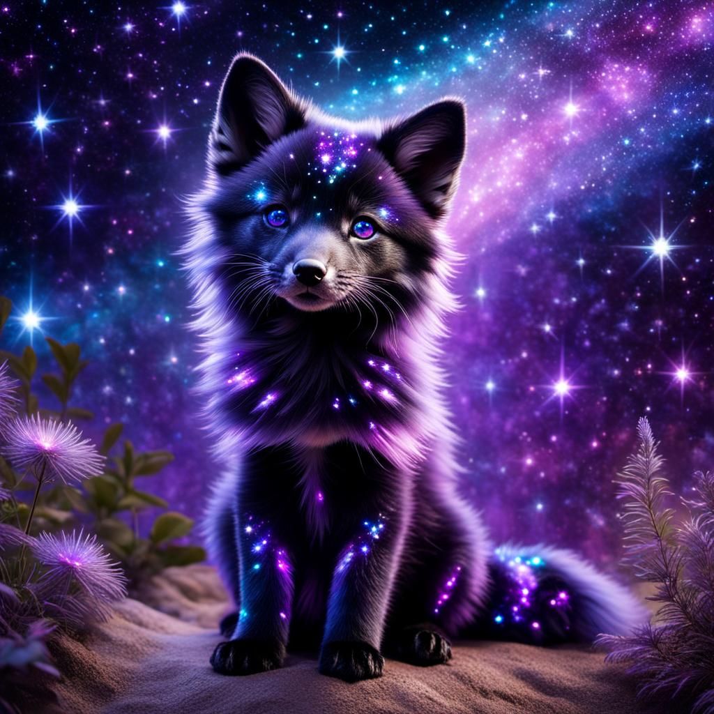 Iridescent Fox Pup with Cosmic Tiger Stripes