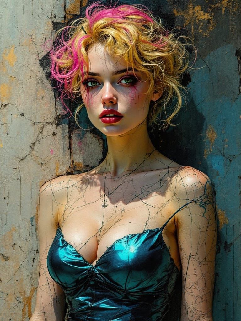 Blond Pin-Up Woman With Pink Tipped Hair and Cyan Dress