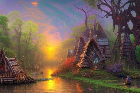 Fantasy Steampunk Village in Great Bayou, Detailed Matte Pai...