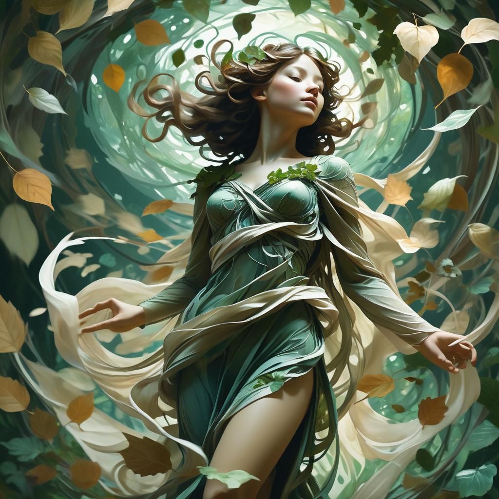 Ethereal Figure in Swirling Foliage, Surreal Art