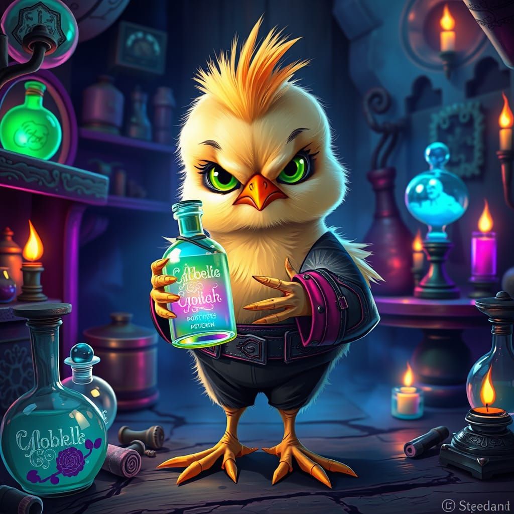 Grumpy Chick in Mystical Apothecary: Neon Noir Art