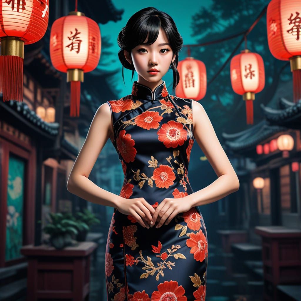 Retro Anime Woman in Elegant Qipao