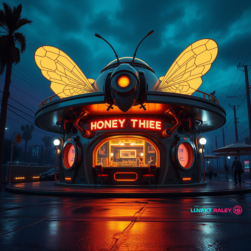 Retro-Futuristic Honey Bee Dive Bar in Cyberpunk Style
