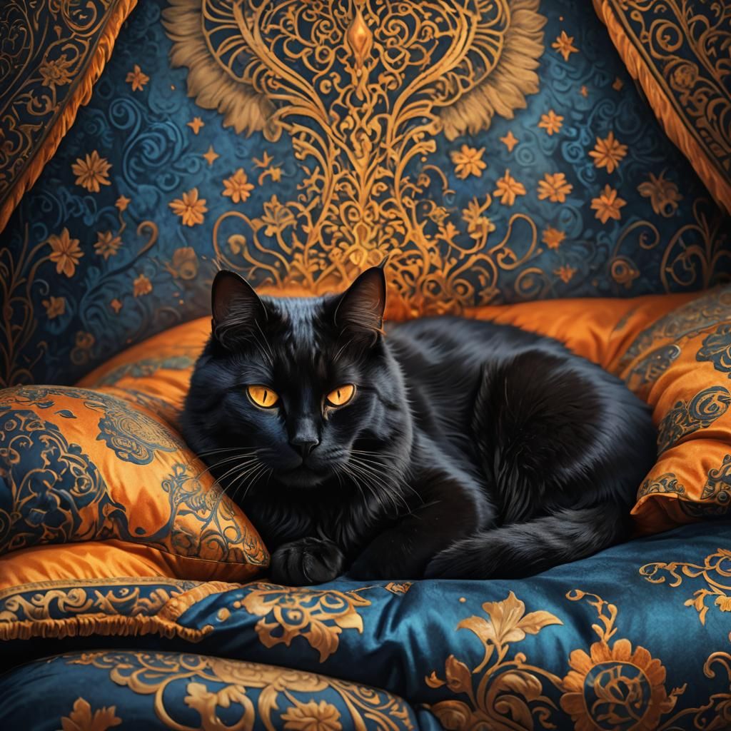 Black Cat Sleeping in Mystical Bedroom: Fantasy Art