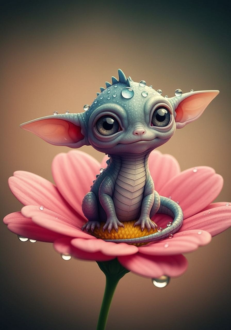 Cute Dragon on Flower in Alcohol Ink Style