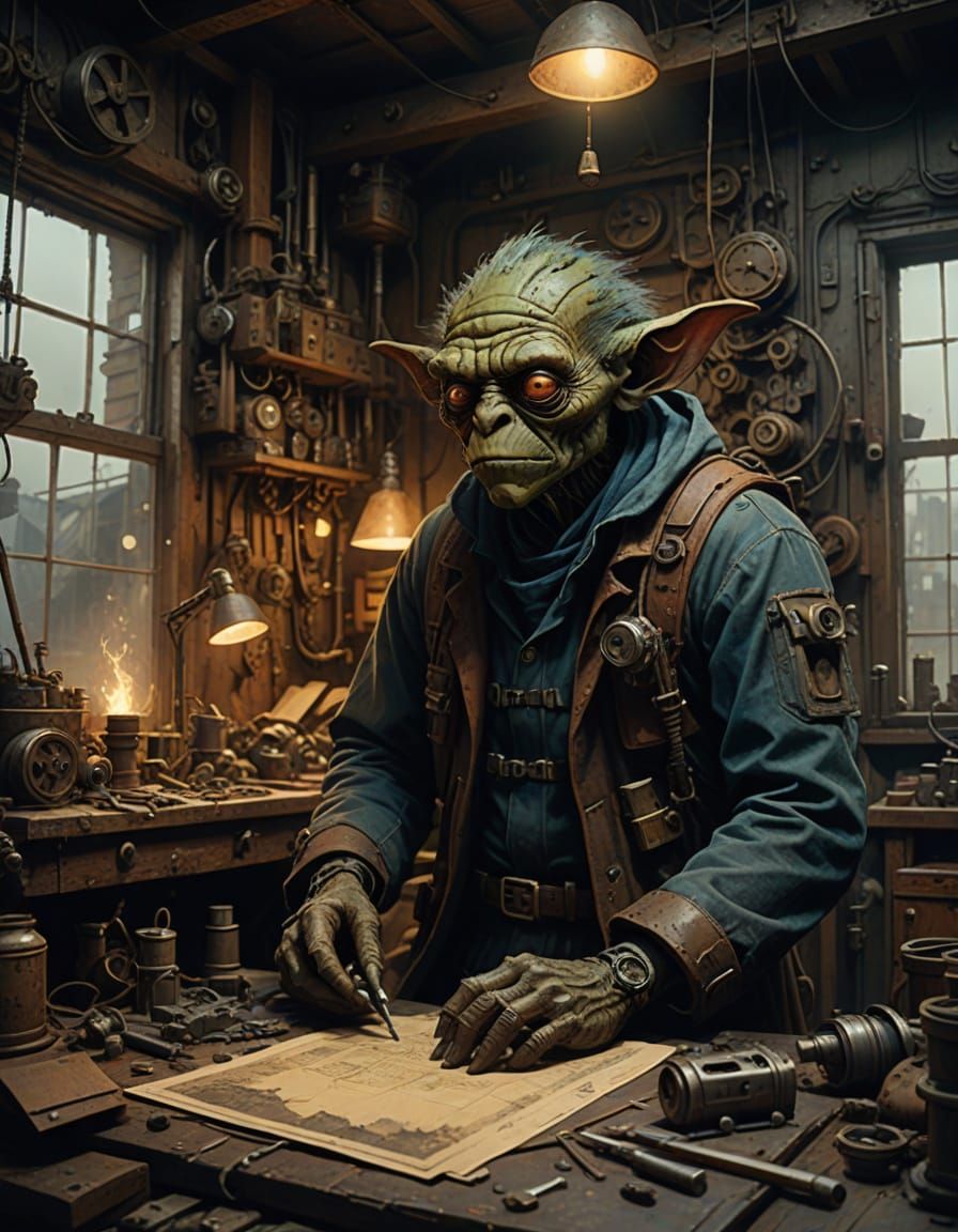 Steampunk Inventor Surrounded by Contraptions in Moody Light...