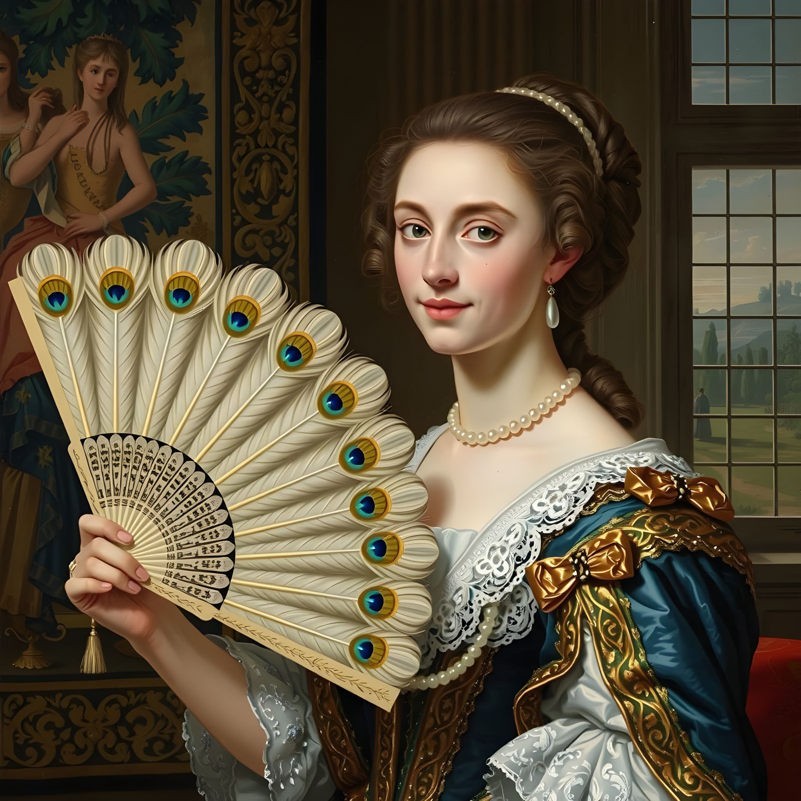 French Court Woman with Feather Fan in 17th Century Style