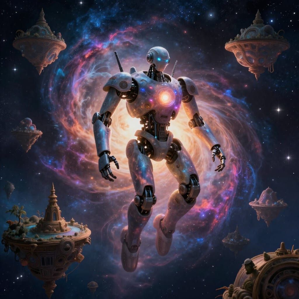 Celestial Robot Drifting Through Cosmic Ocean with Mythologi...