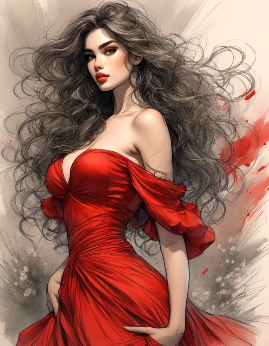 Curvy Anime Babe in Red Dress, Color Sketch