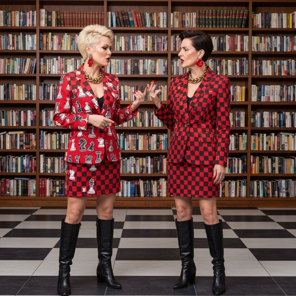 Businesswomen in Checkerboard Suits with Chess Piece Pattern...