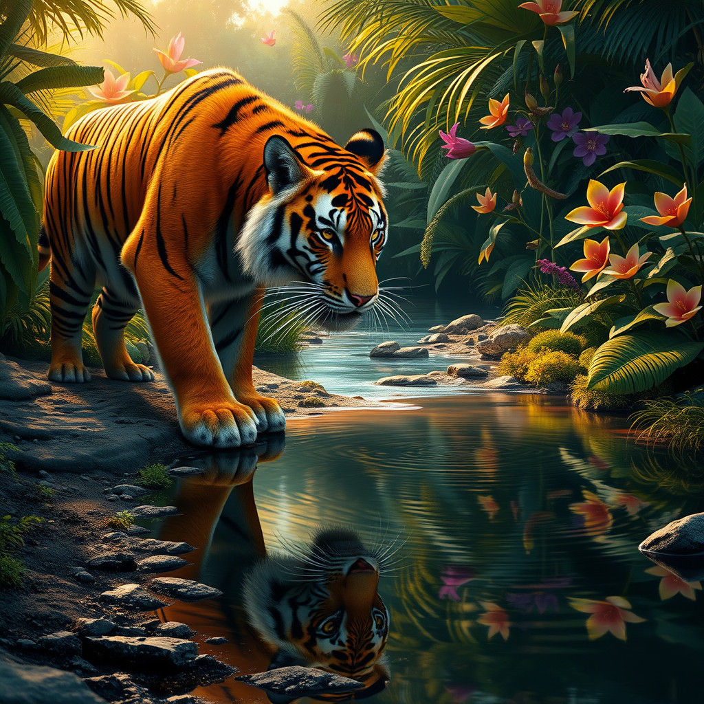 Tiger Gazes into Jungle Stream Reflection