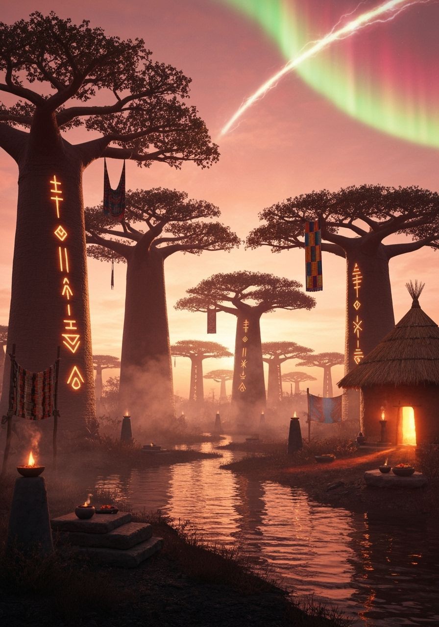 Afrofuturist Baobab Trees at Golden Hour