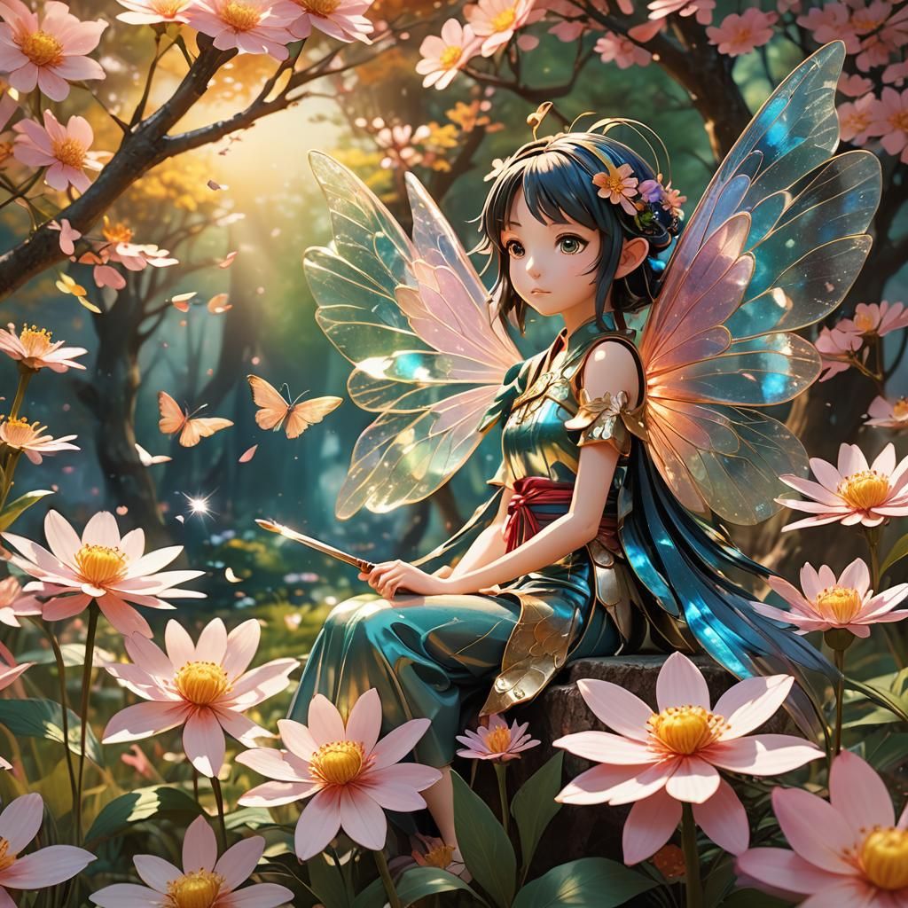 Fairy Watching Samurai Fight in Anime Style