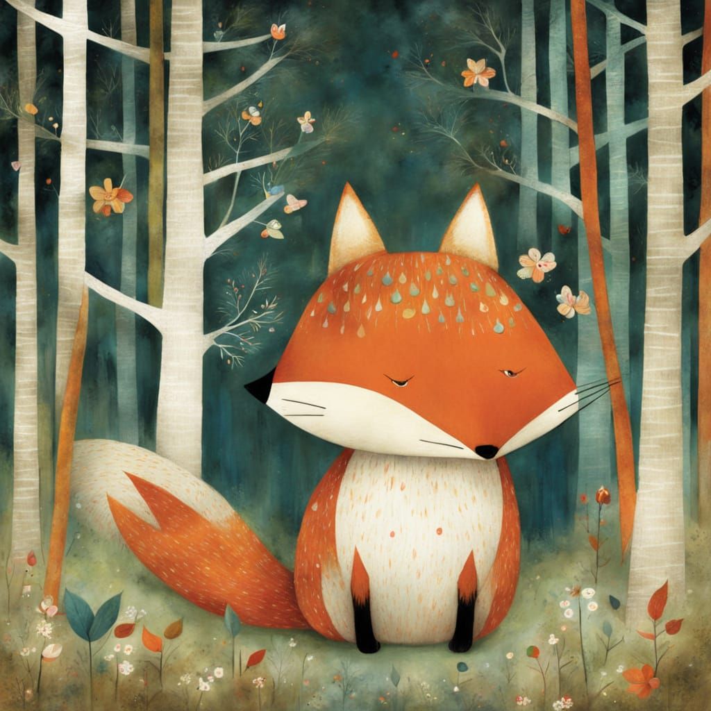 Whimsical Fox in Forest Illustration