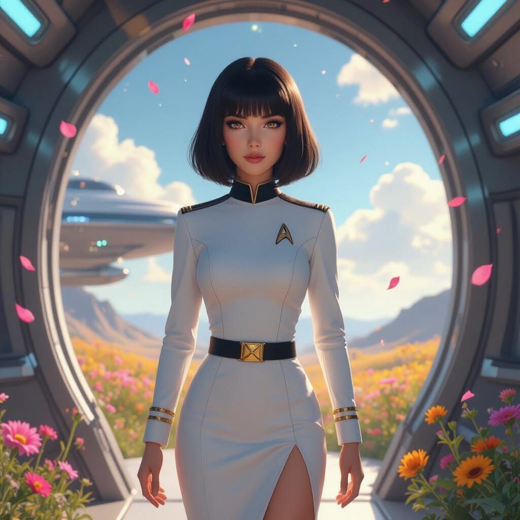 Stunning Woman in Starfleet Uniform Between Worlds