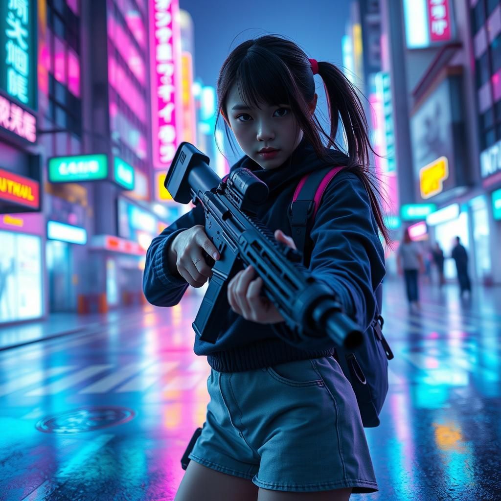 Cyberpunk Girl Hero in Luminescent Shibuya