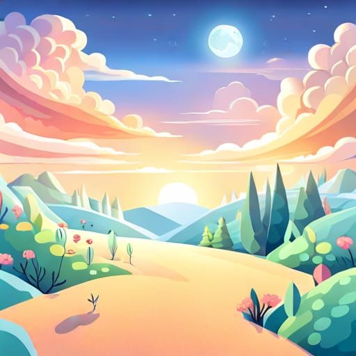 Whimsical Pastel Landscape with Playful Animals and Sunny Sk...