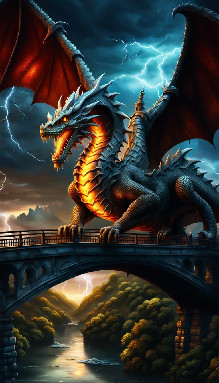 Dragon on Steel Cross Under Lightning Sky