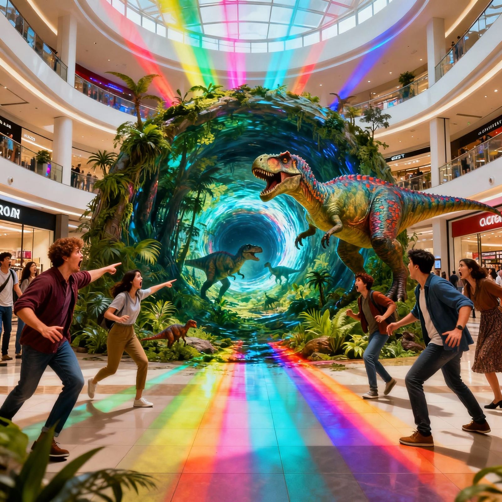 Vibrant Wormhole Opens in Shopping Center with Dinosaurs