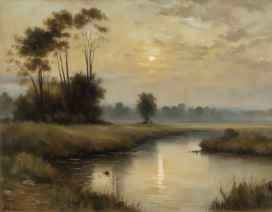 Serene Rural Landscape at Dusk in Earthy Romantic Realism