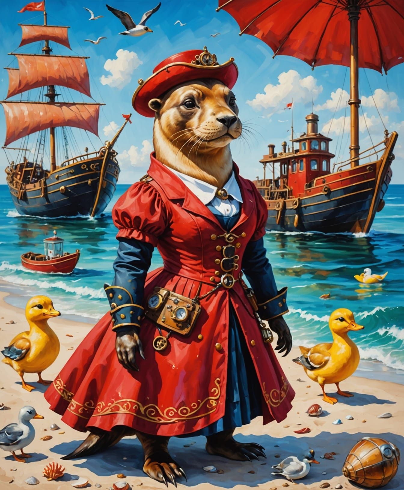 Steampunk Sea Lion's Beach Vacation in Oil Paint Style
