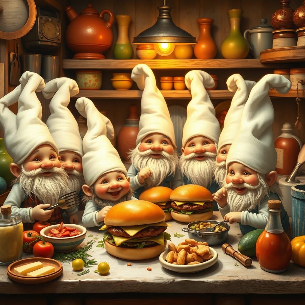Gnomes Making Hamburgers in Whimsical Kitchen