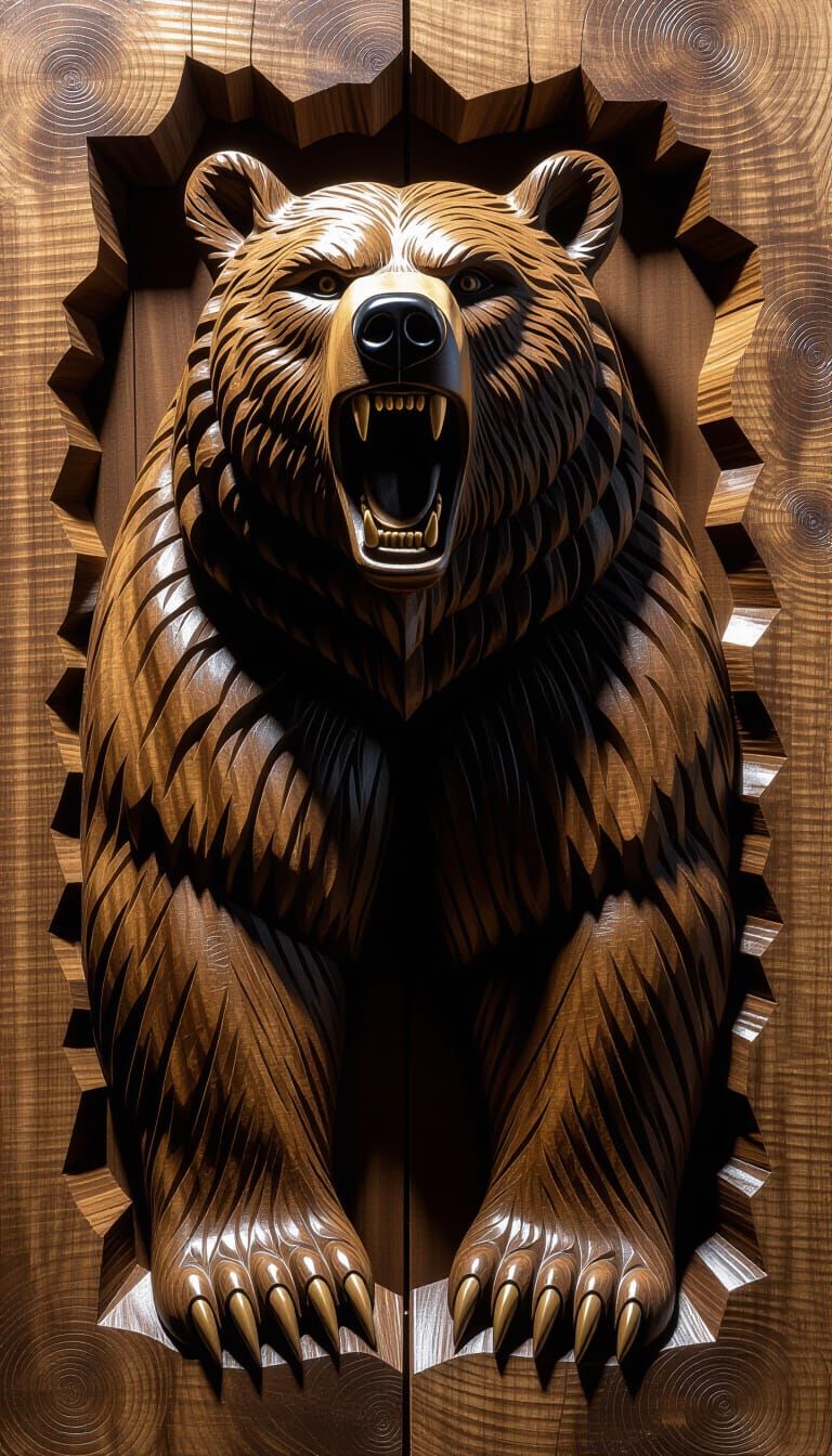 Walnut Bear Carving with Hyperdetailed Fur and Deep Shadows