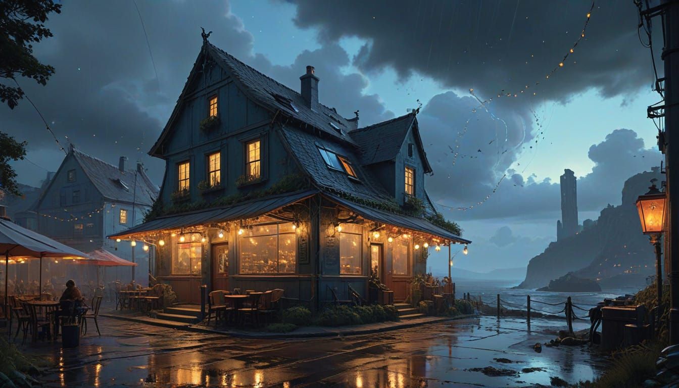 Bustling Night Cafe Under Vibrant Hyper-Realistic Sky
