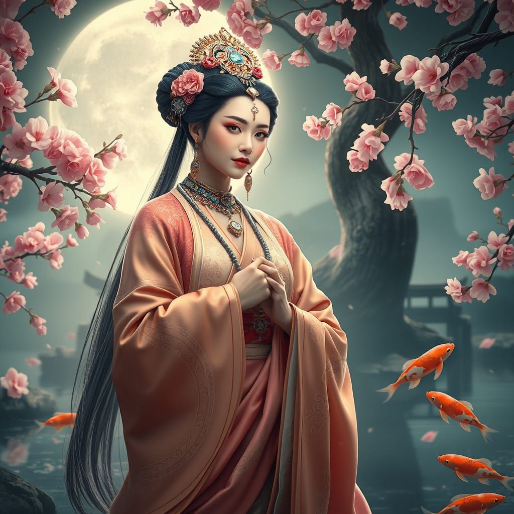 Serene Chinese Goddess in Moonlit Garden, Art Nouveau Style