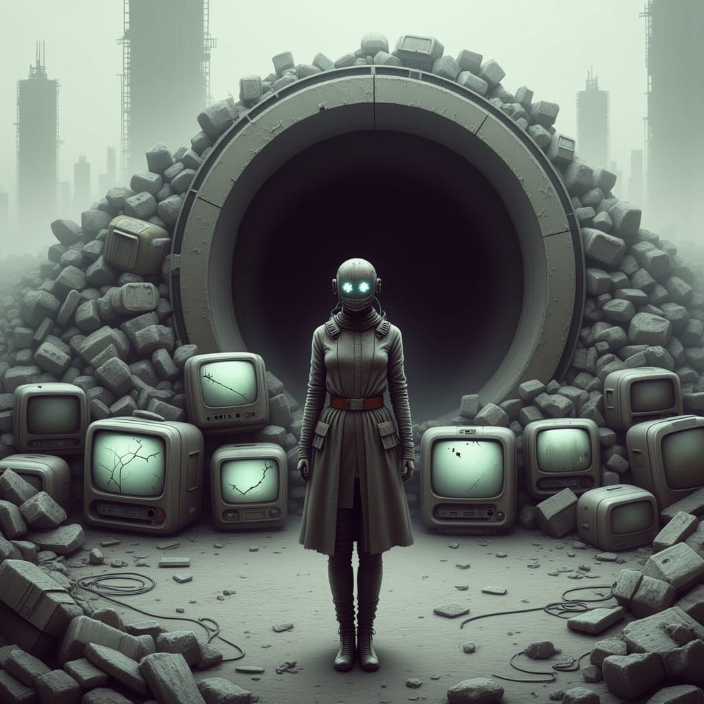 Dystopian Woman Amidst Wasteland in Dieselpunk Style