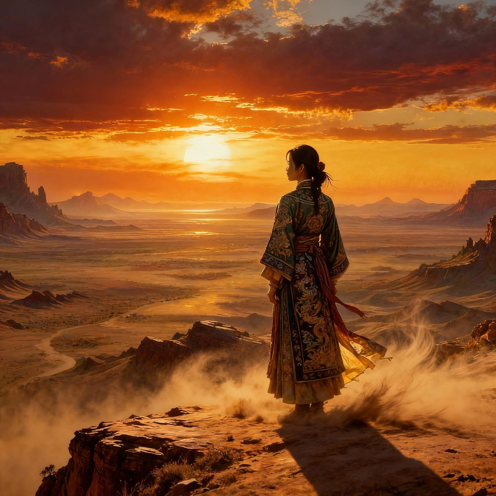 Lone Chinese Woman on Old West Mesa at Sunset
