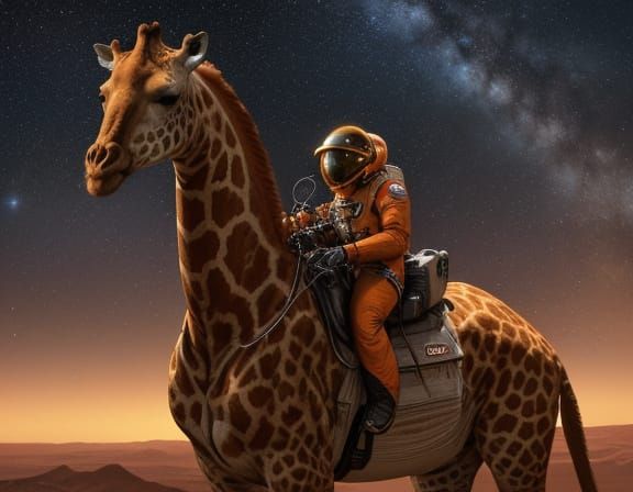 Burnt Orange Spaceman Rides Giraffe in Golden Light