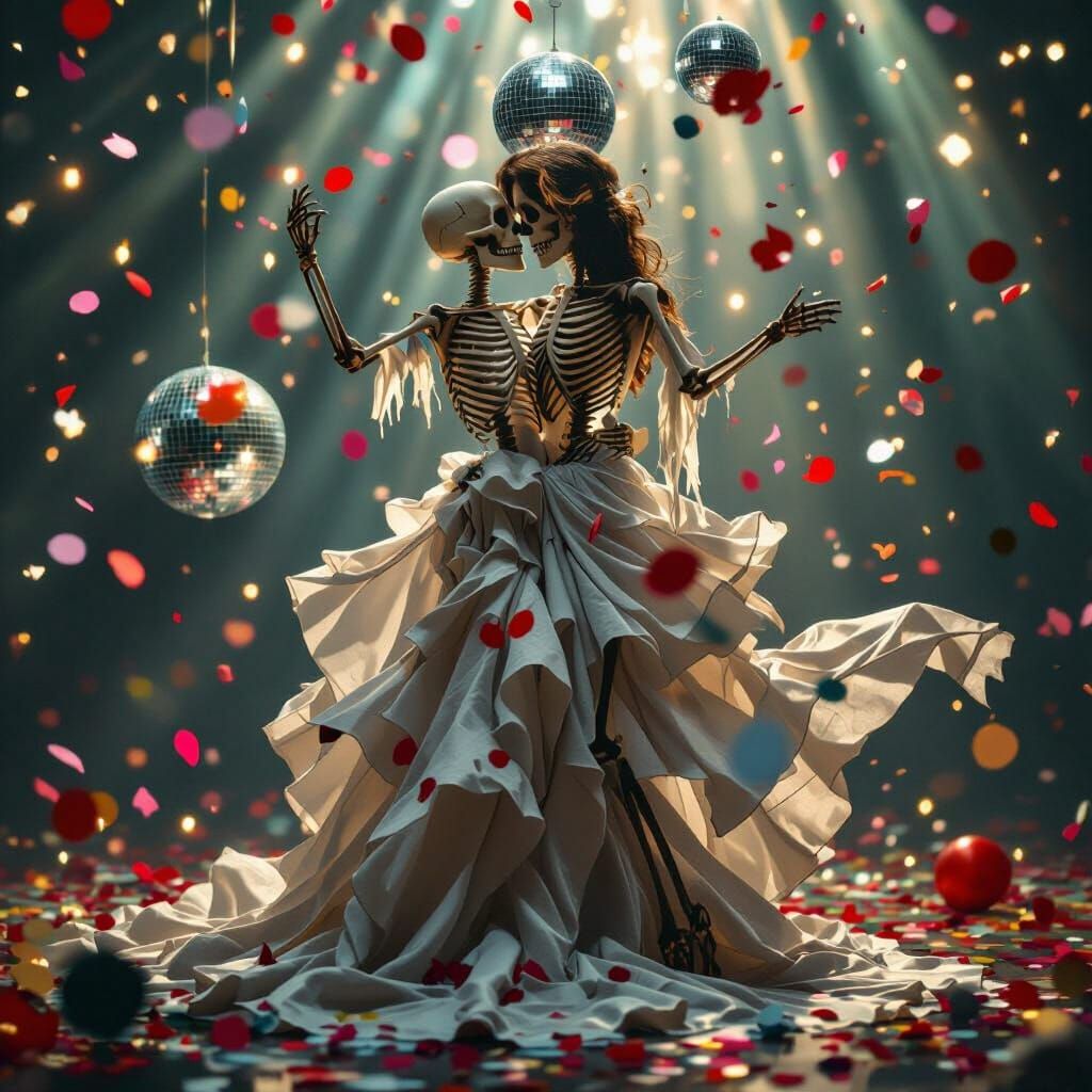 Skeleton Couple Slow Dance Under Disco Ball