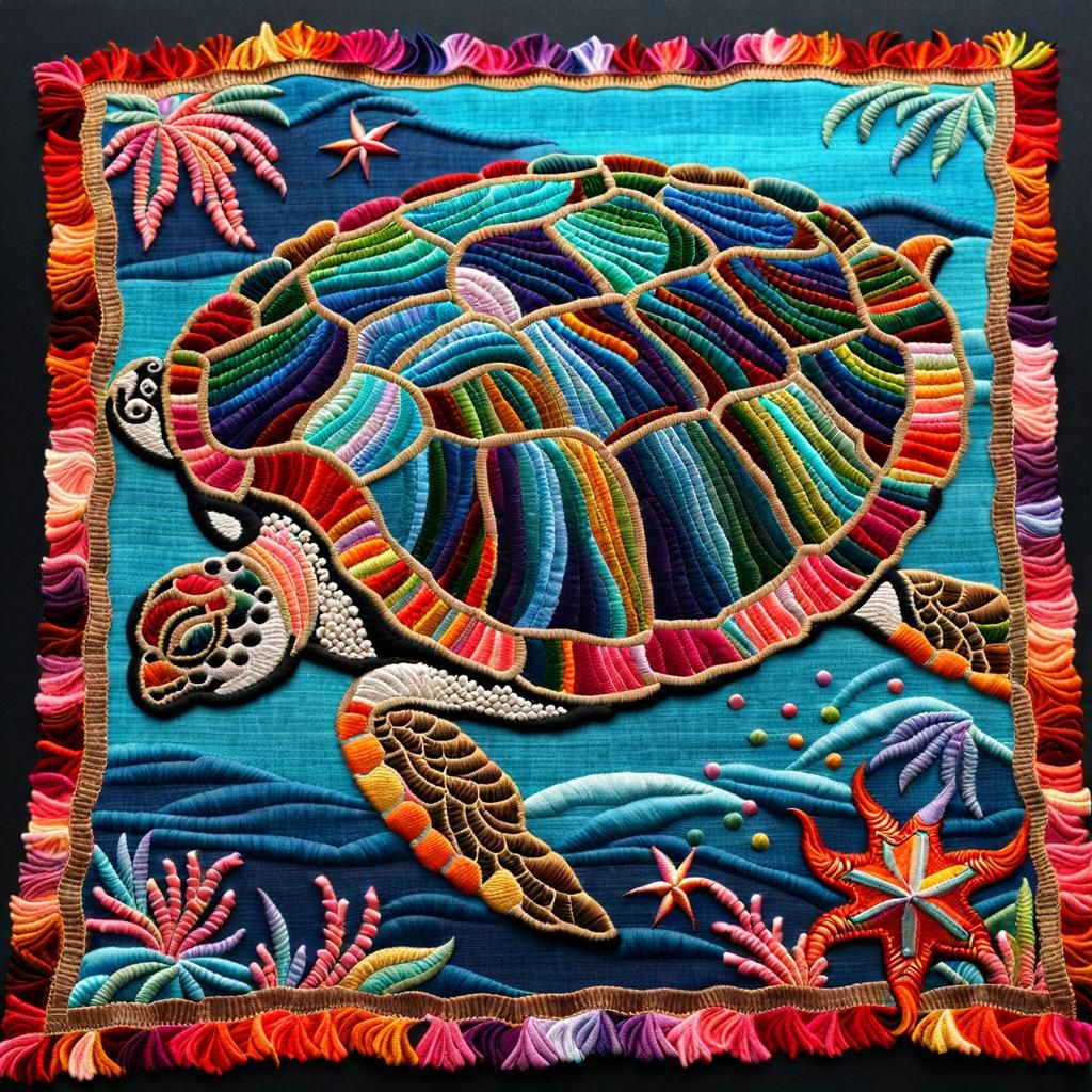 Embroidered Sea Turtle Tapestry in Metallic Tones