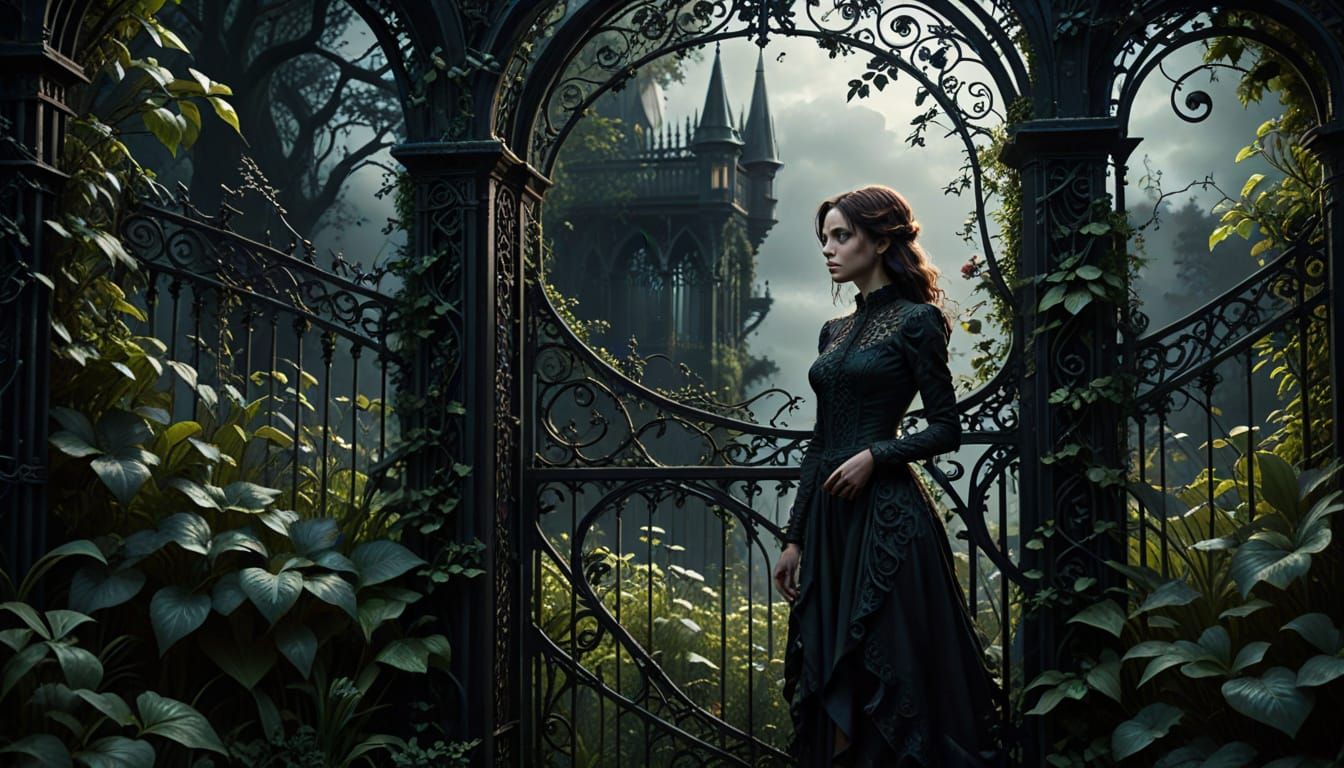 Woman Trapped in Ornate Fence Gothic Garden Mystery