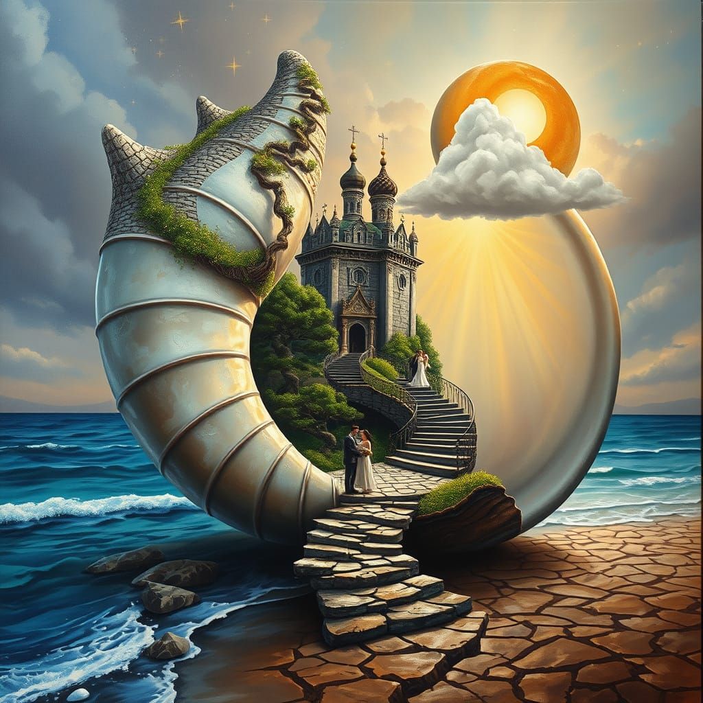 Mystical Nautilus Shell Cavern in Surreal Oil Painting