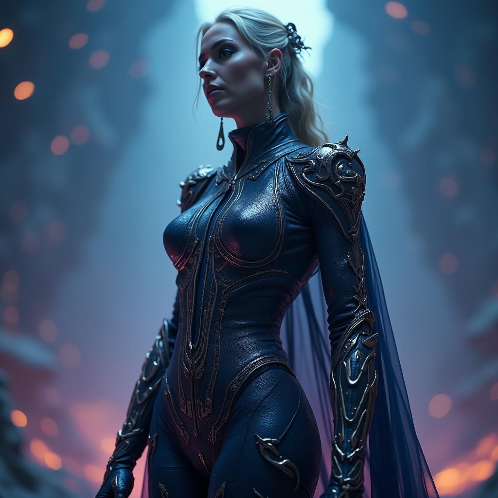 Regal Woman in Sci-Fi Ensemble, Atmospheric Matte Painting