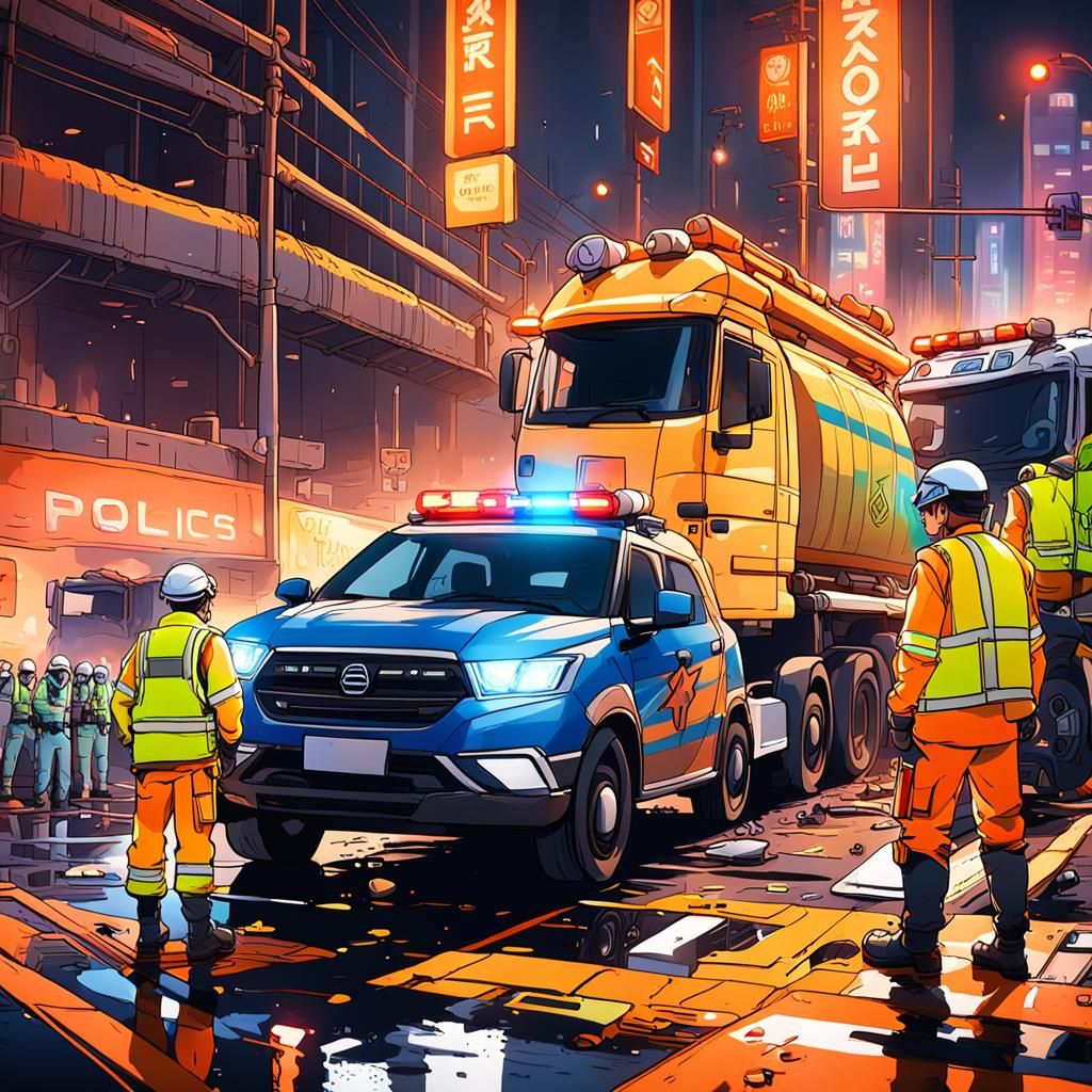 Anime-Inspired Accident Scene with Geologists and Police