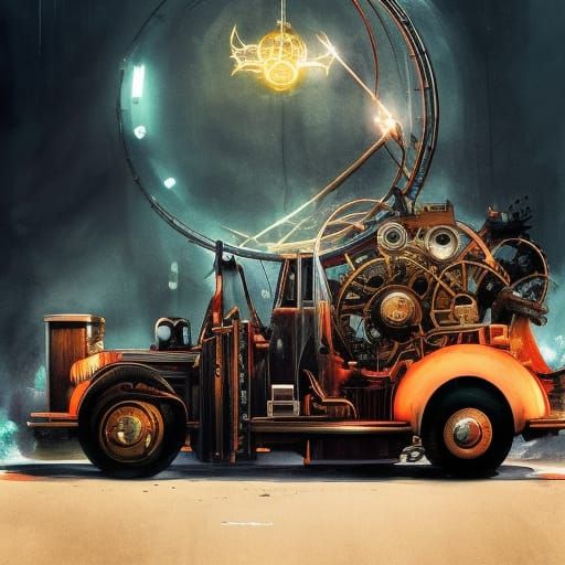 Evil Steampunk Tow Truck in Dark Horror Ink Art