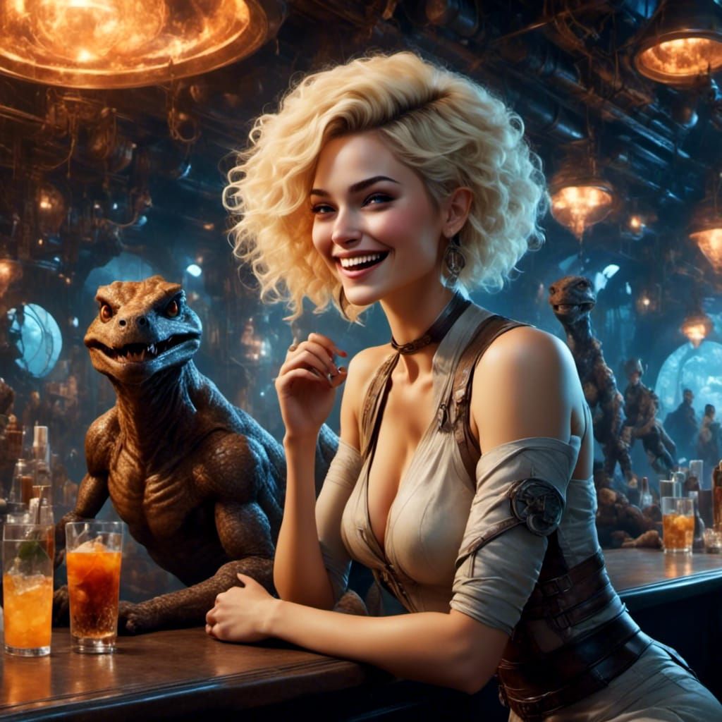 Blonde Woman Laughing at Alien Joke in Space Bar