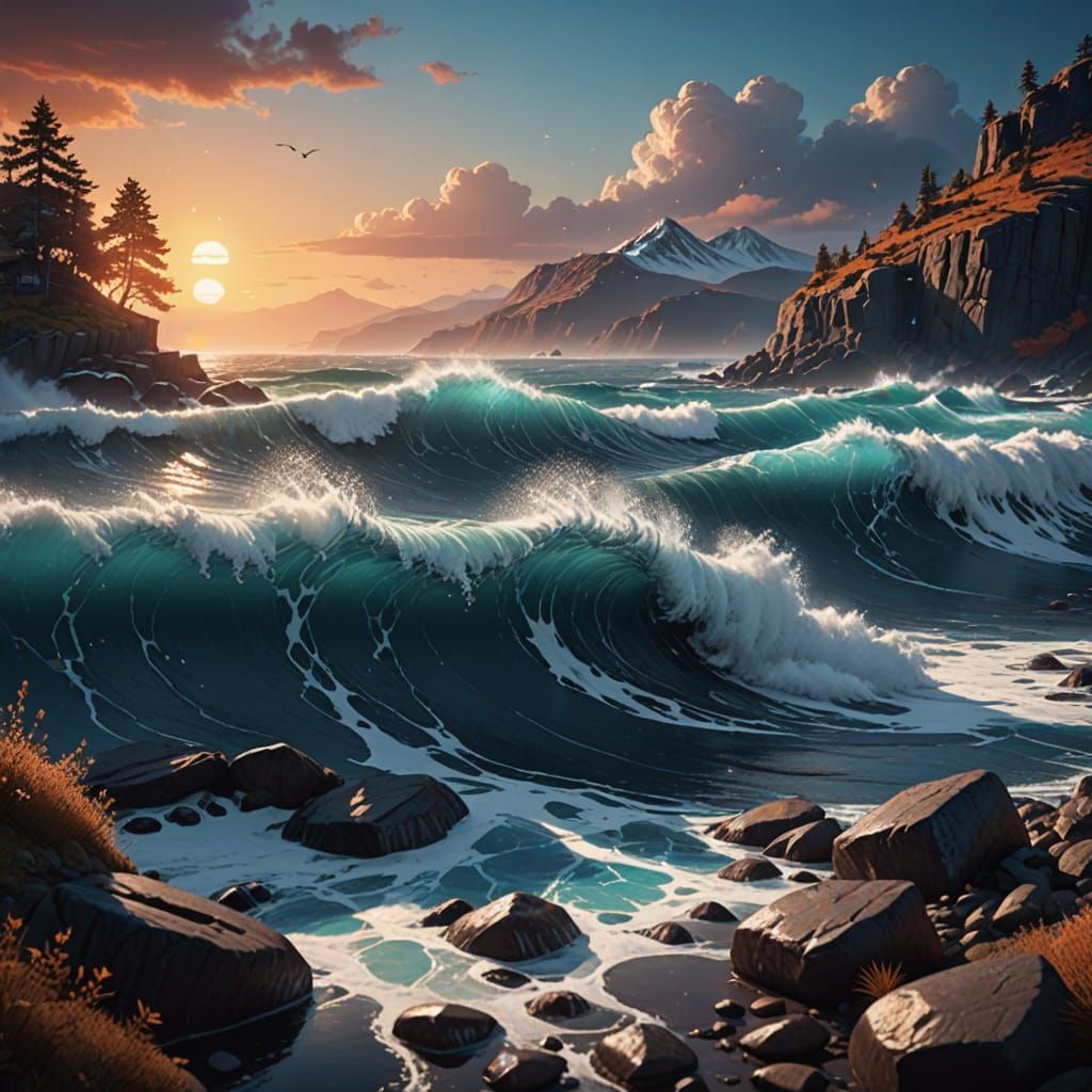 Ethereal Snowflakes on a Tidal Wave in Dreamlike Fantasy