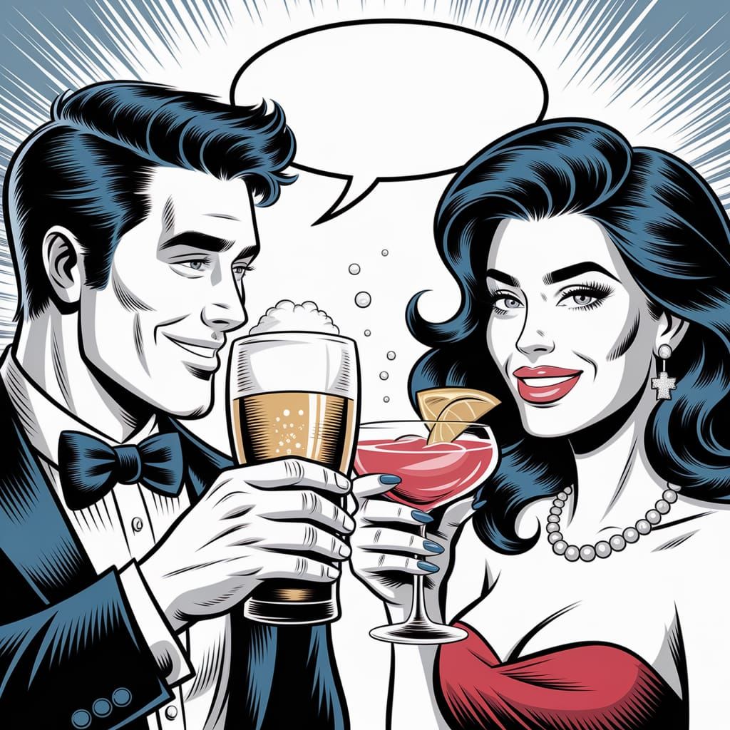 Couples Raise Glasses in a Vibrant Comic Art Scene