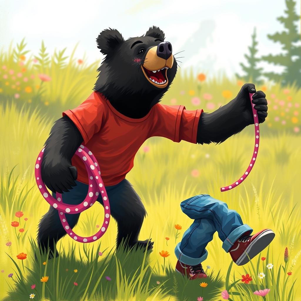 Joyful Bear Skipping Rope in Sun-Drenched Meadow