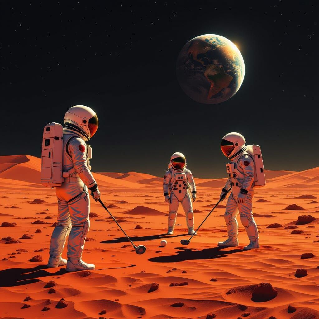 Astronauts Play Croquet on Mars in Hyperrealistic Style