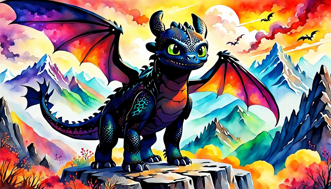 Psychedelic Toothless in Watercolor Style