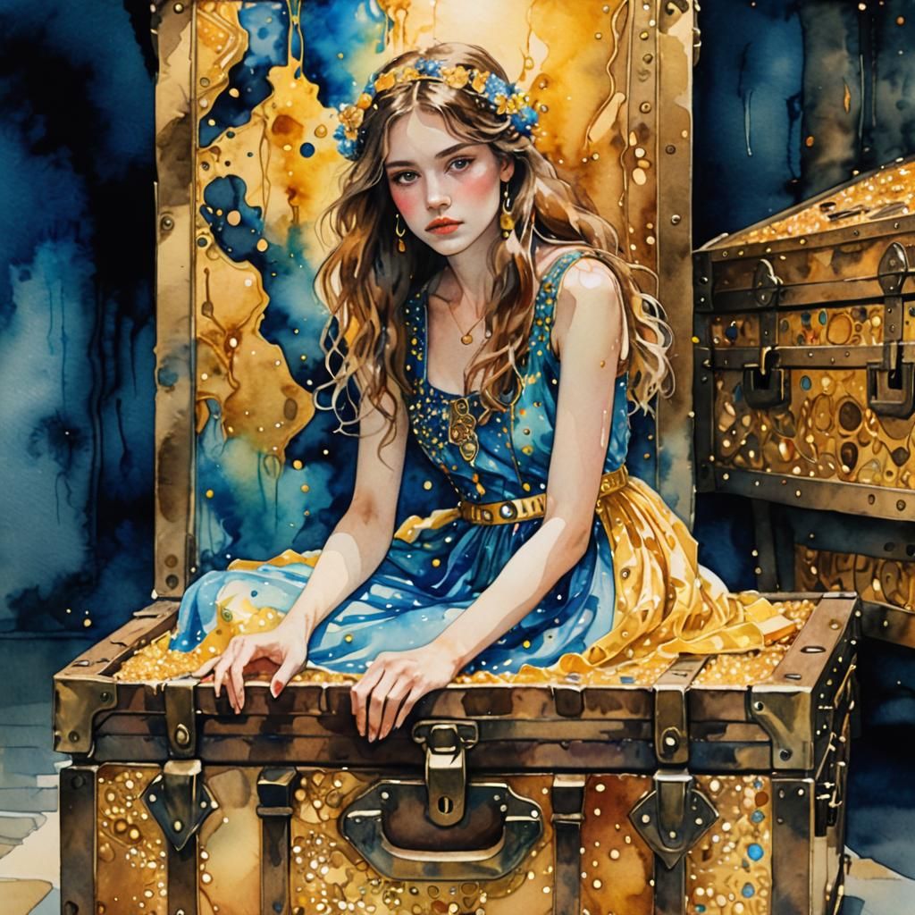 Girl Posing on Treasure Chest in Klimt Style