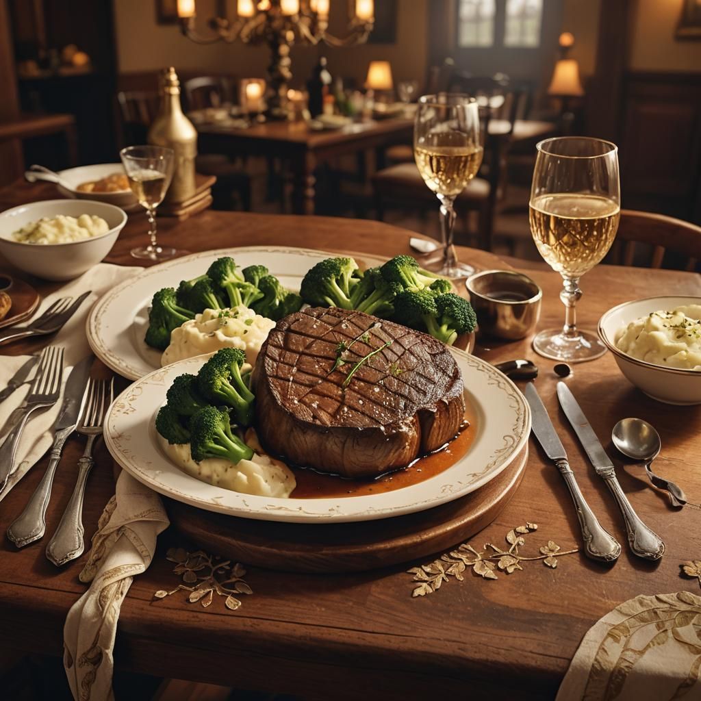 Mouthwatering Steak Dinner in Ornate Dining Room