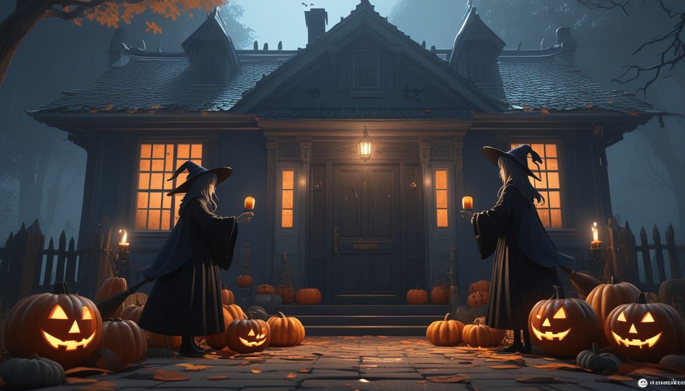Terrifying Witches at Colonial Home Door
