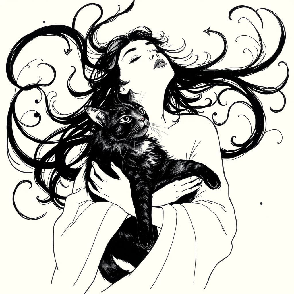 Woman Adores Majestic Cat in Elegant Black Ink Illustration